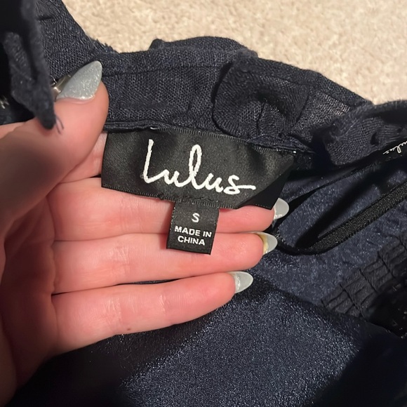 lulus size s Elati Ruffled Off The Shoulder Bodycon Linen Mini Dress Navy Blue - Picture 4 of 4